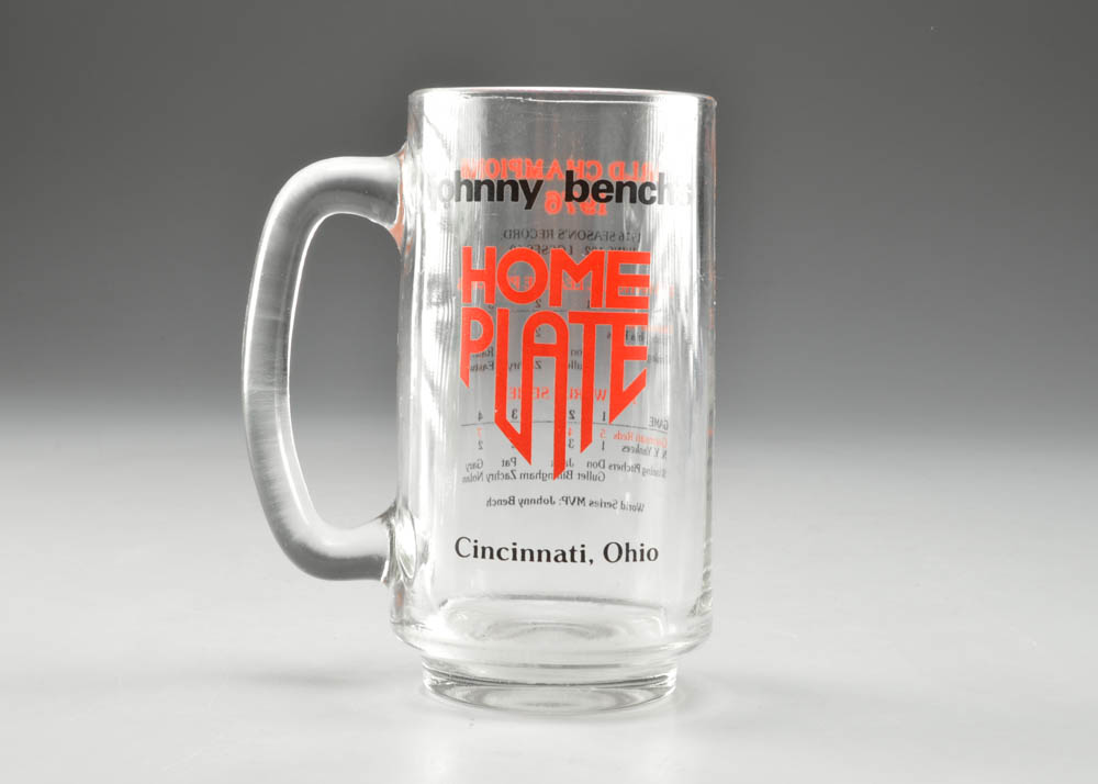 1970s Johnny Bench Home Plate Restaurant Glass Mug Ebth