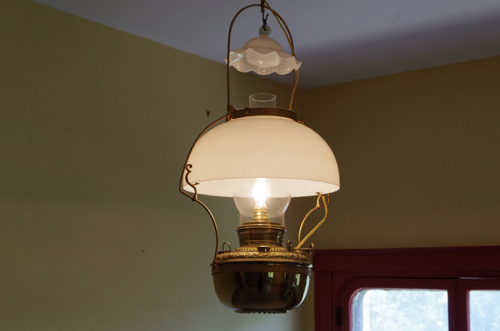 Antique Hanging Oil Lamp with Brass Base and Milk Glass Shade EBTH