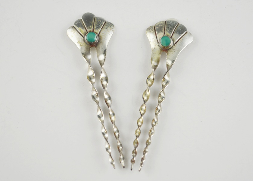 Vintage Navajo Style Sterling And Turquoise Hair Pins Ebth