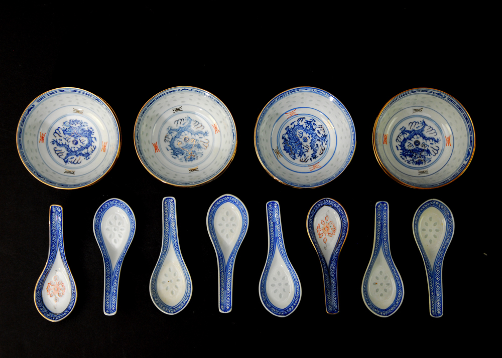 Set of Eight Chinese Bowls and Spoons EBTH