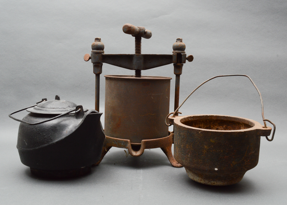 Antique Cast Iron Lard Press, Melting Pot and Kettle EBTH