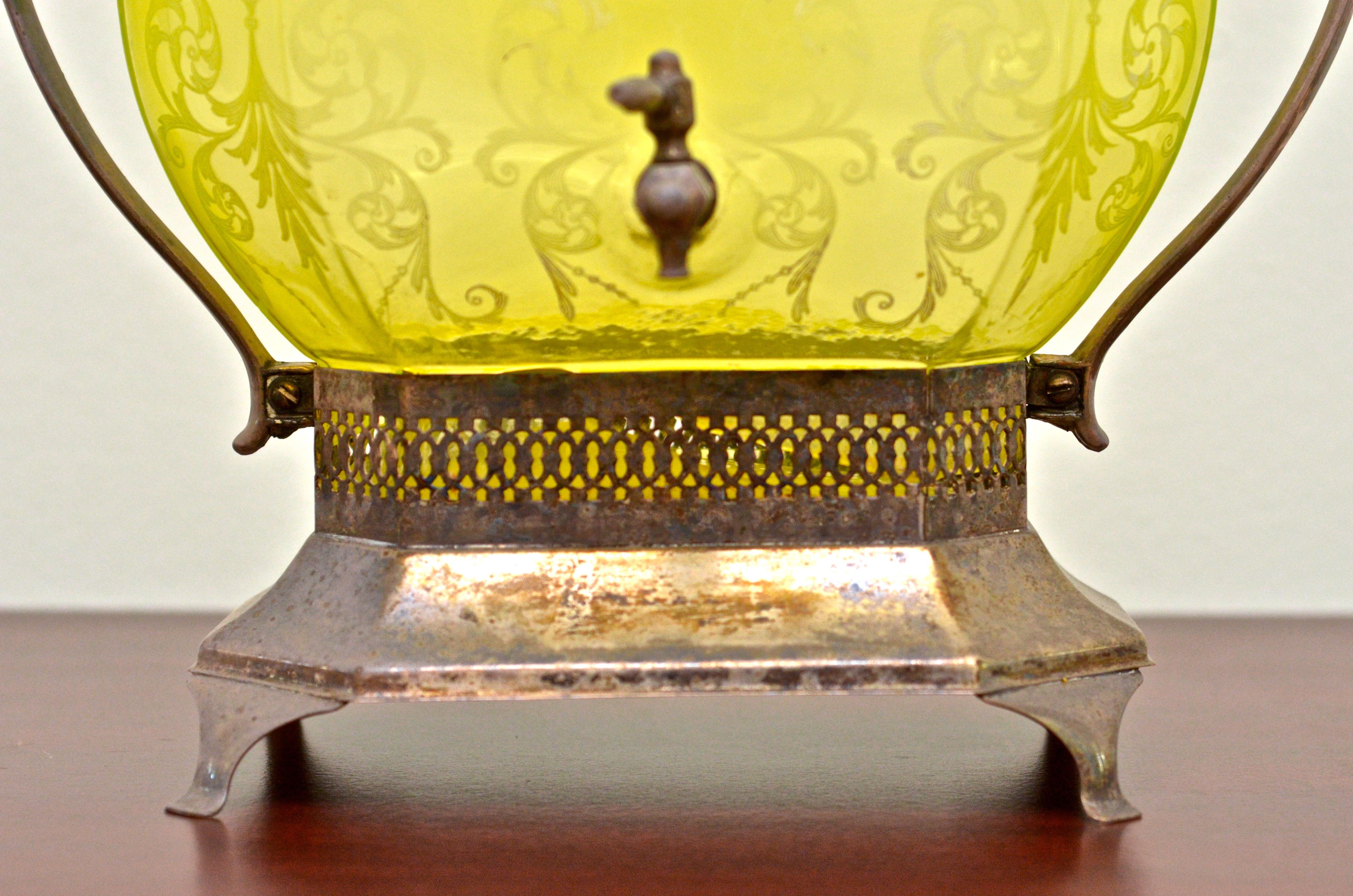 Cambridge Etched Uranium Glass Samovar with Silver Plate Trim EBTH