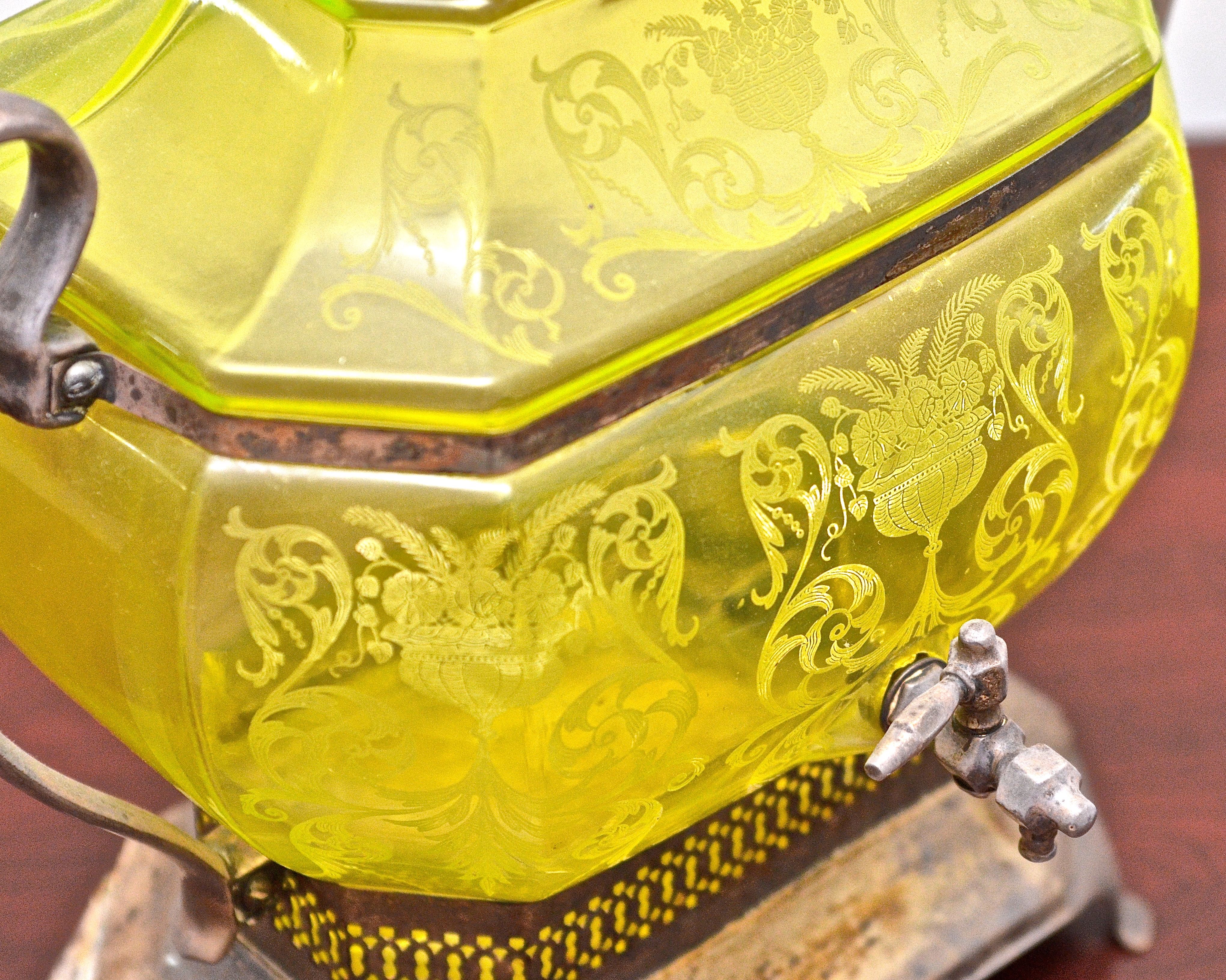 Cambridge Etched Uranium Glass Samovar with Silver Plate Trim EBTH