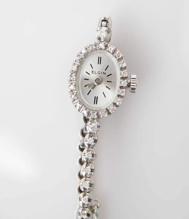 elgin white gold ladies wrist watch with diamonds