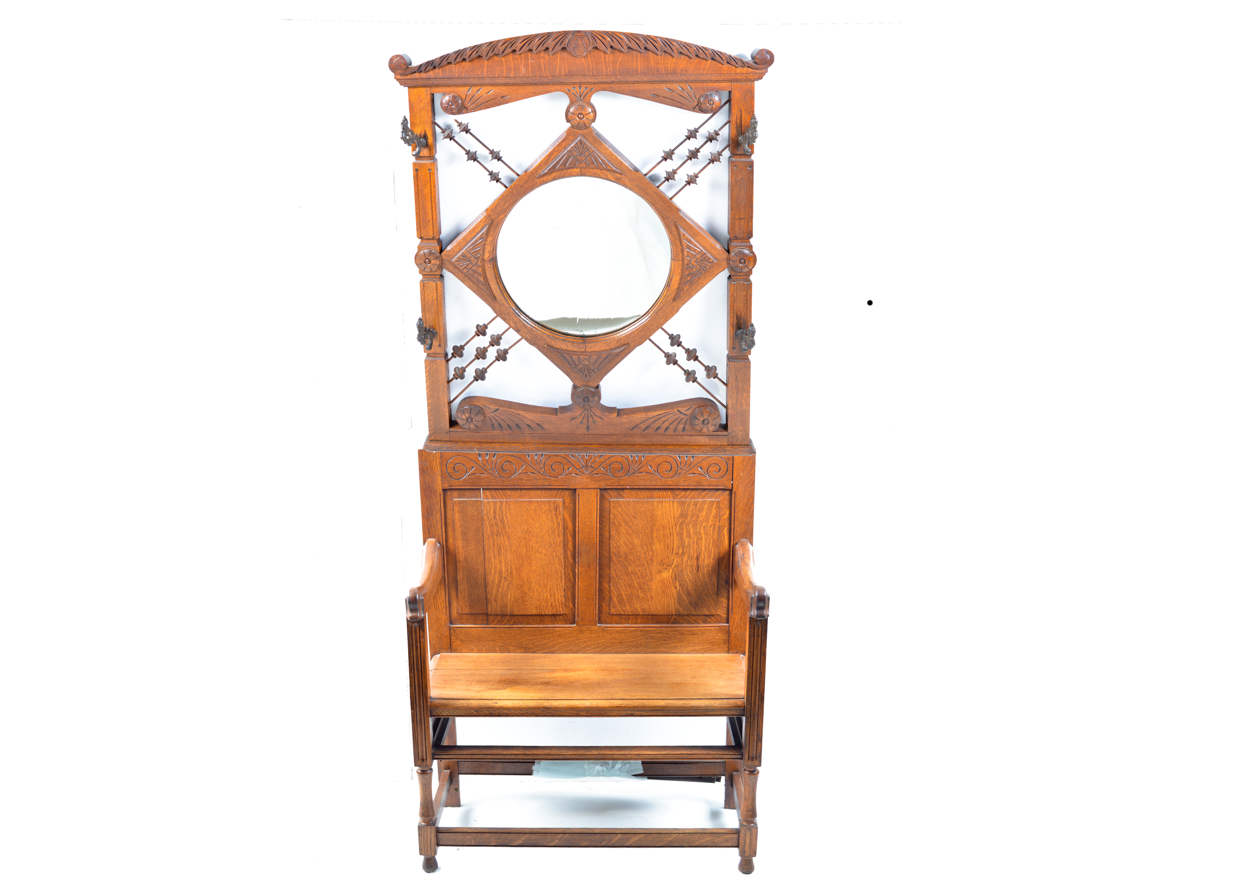 Eastlake Quarter Sawn Oak Hall Tree With Bench And Mirror Ebth