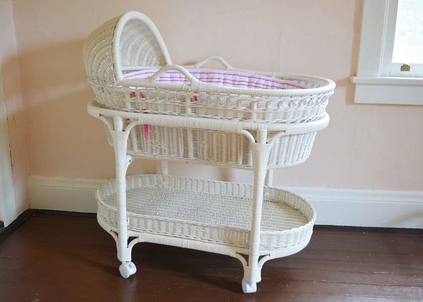 White Wicker Bassinet And Bedding Ebth