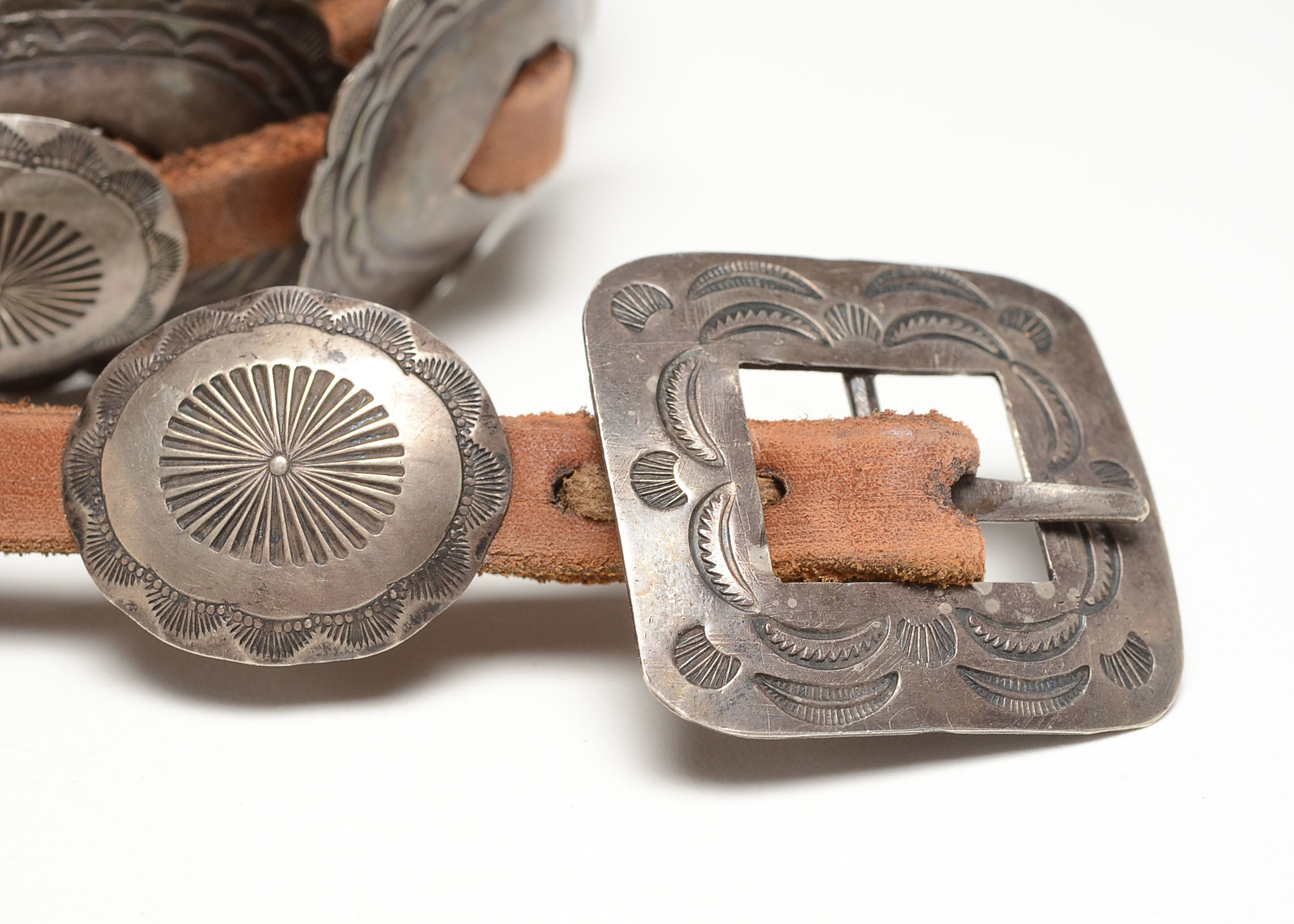 Old Pawn Navajo Sterling Silver Concho And Leather Belt | EBTH