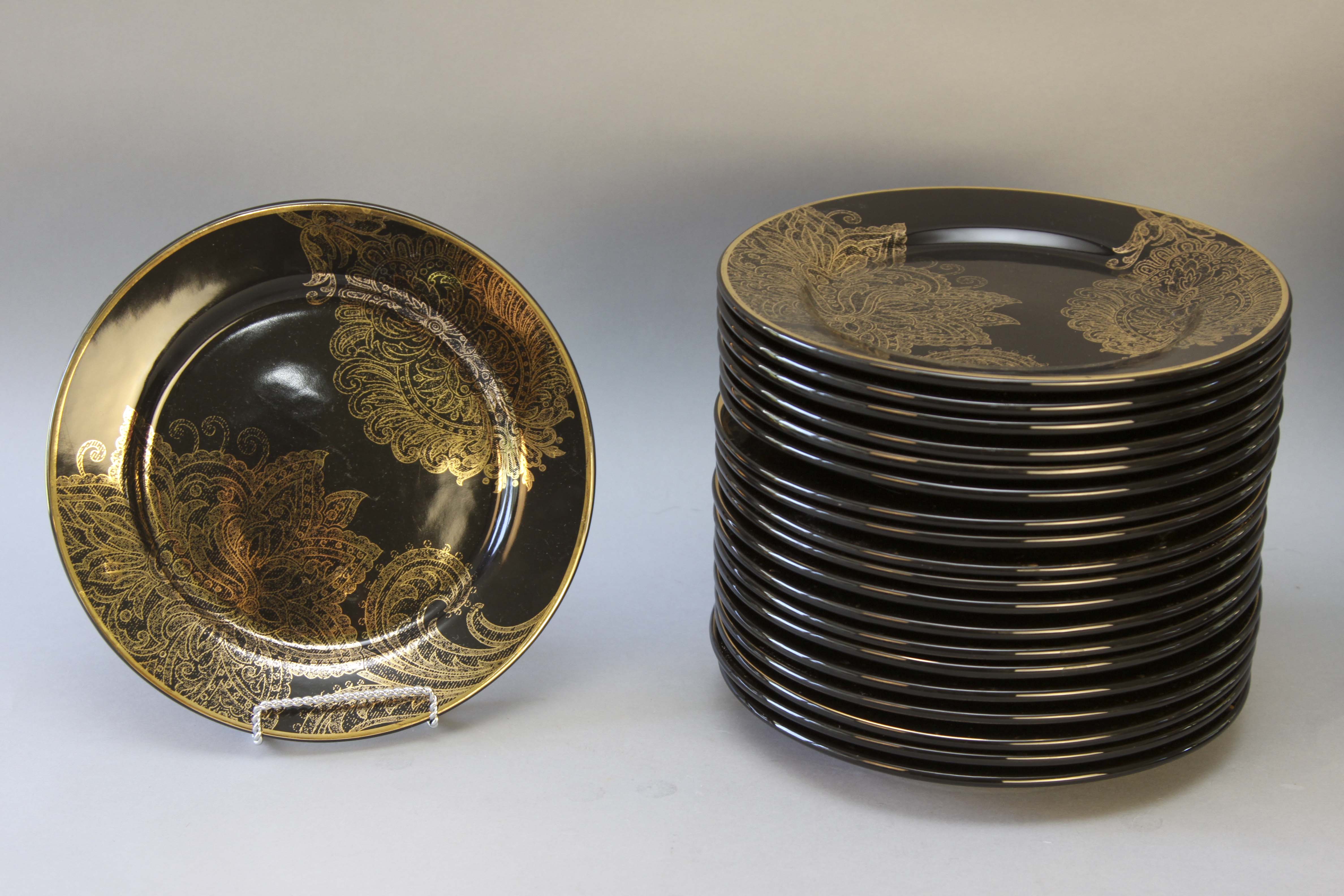 Group of Black and Gold Holiday Plates & Bloomingdale's Chargers EBTH
