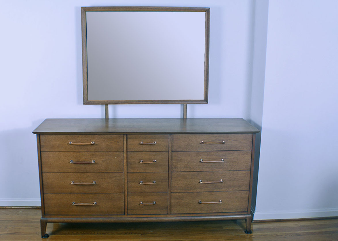 Mid Century Walnut Veneer Dresser With Mirror By Heritage Henredon