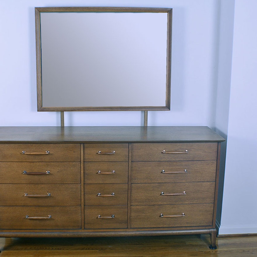 Mid Century Walnut Veneer Dresser With Mirror By Heritage Henredon