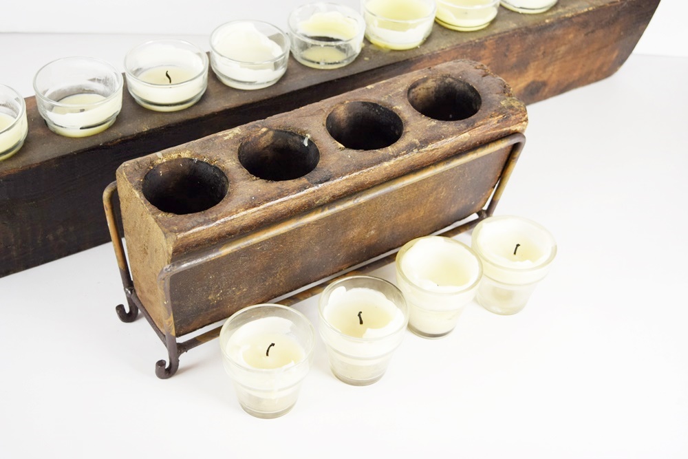 Two Vintage Wooden Sugar Molds with Glass Candle Holders EBTH