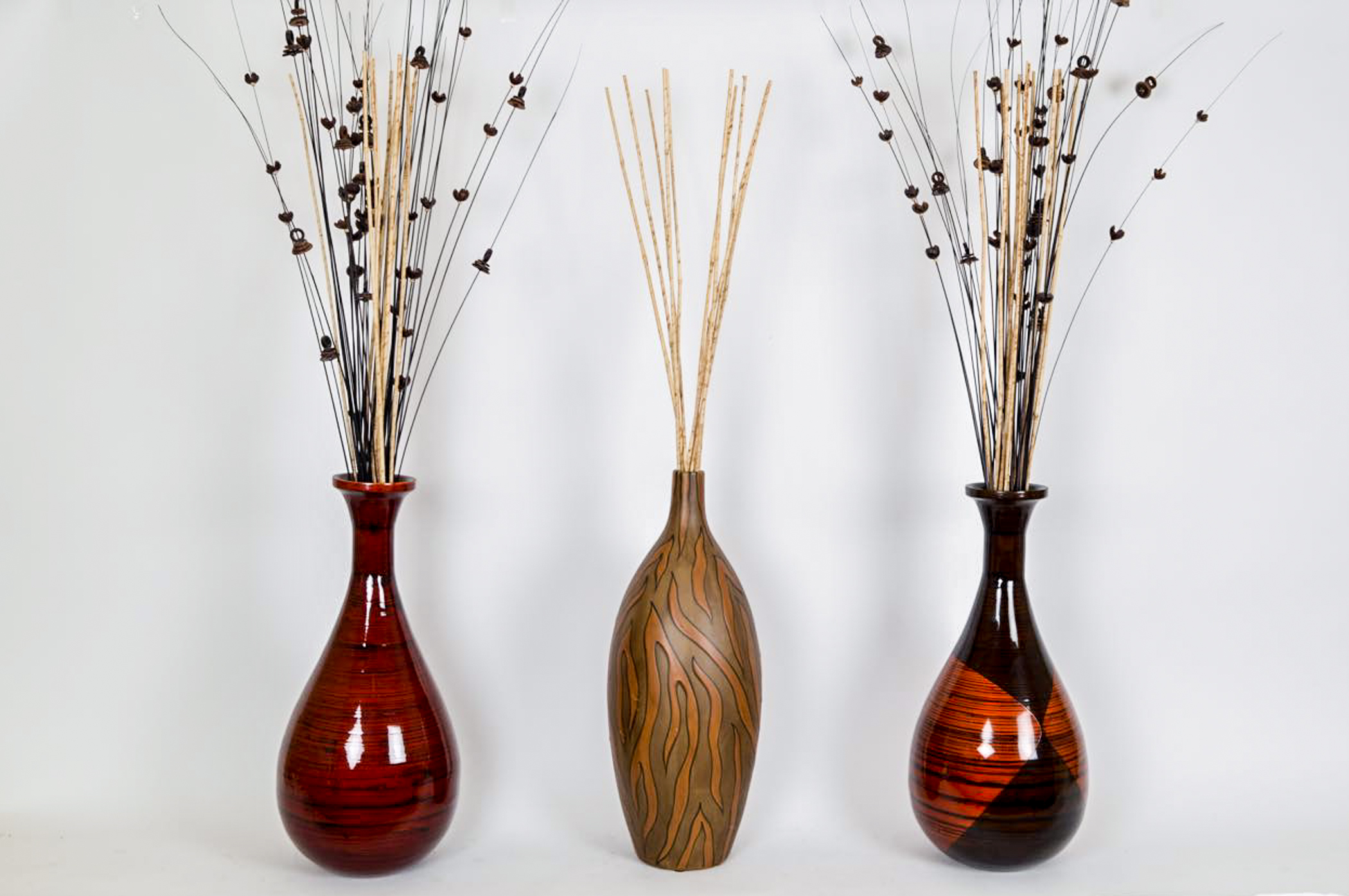 Trio Of Decorative Vases With Stick Arrangements Ebth