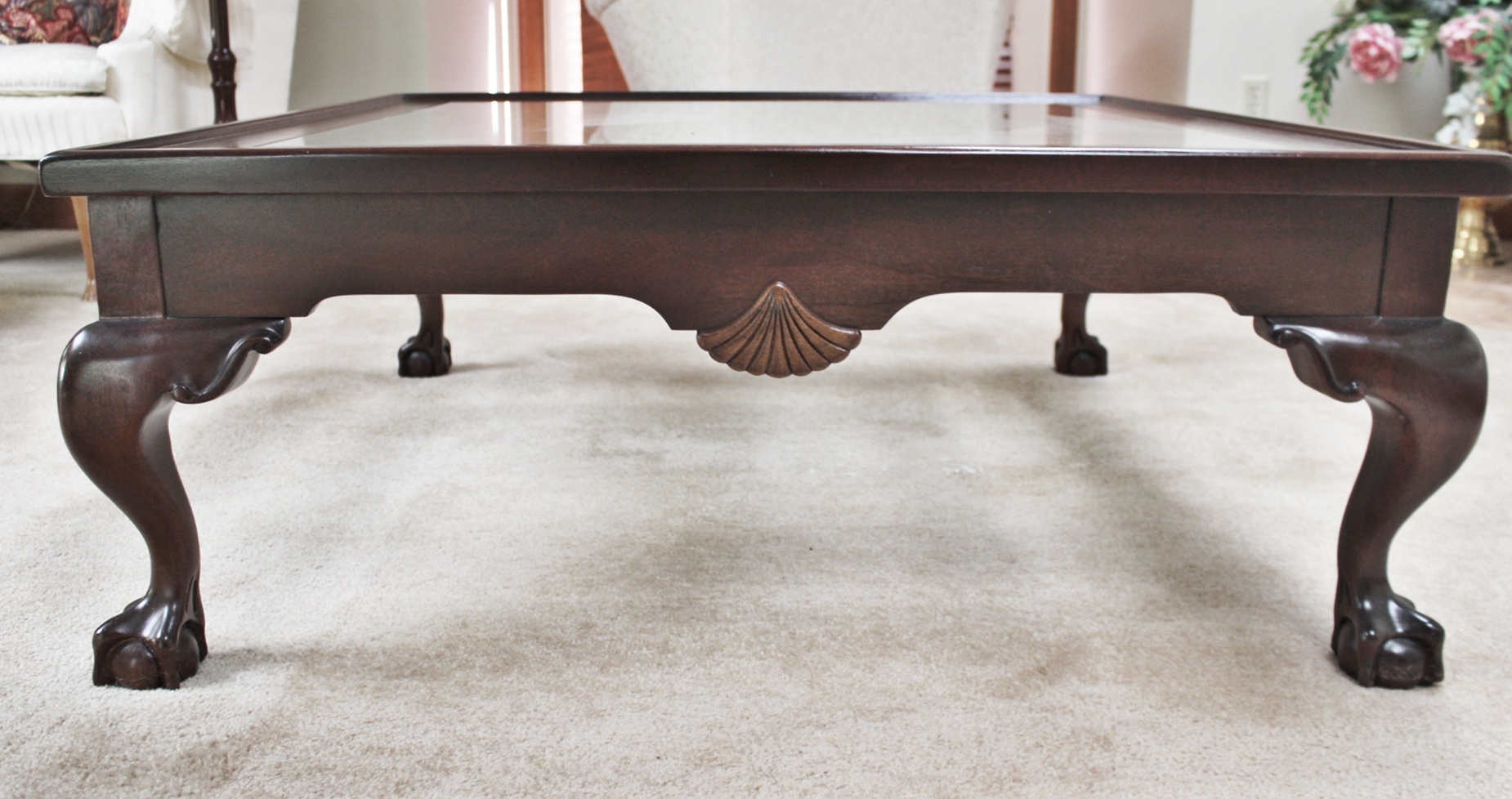Large Cherry Glass Top Coffee Table with Carved Claw Feet EBTH