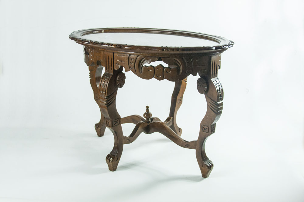 Eastlake Style Oval Side Table with Glass Top and Carved Inlay EBTH
