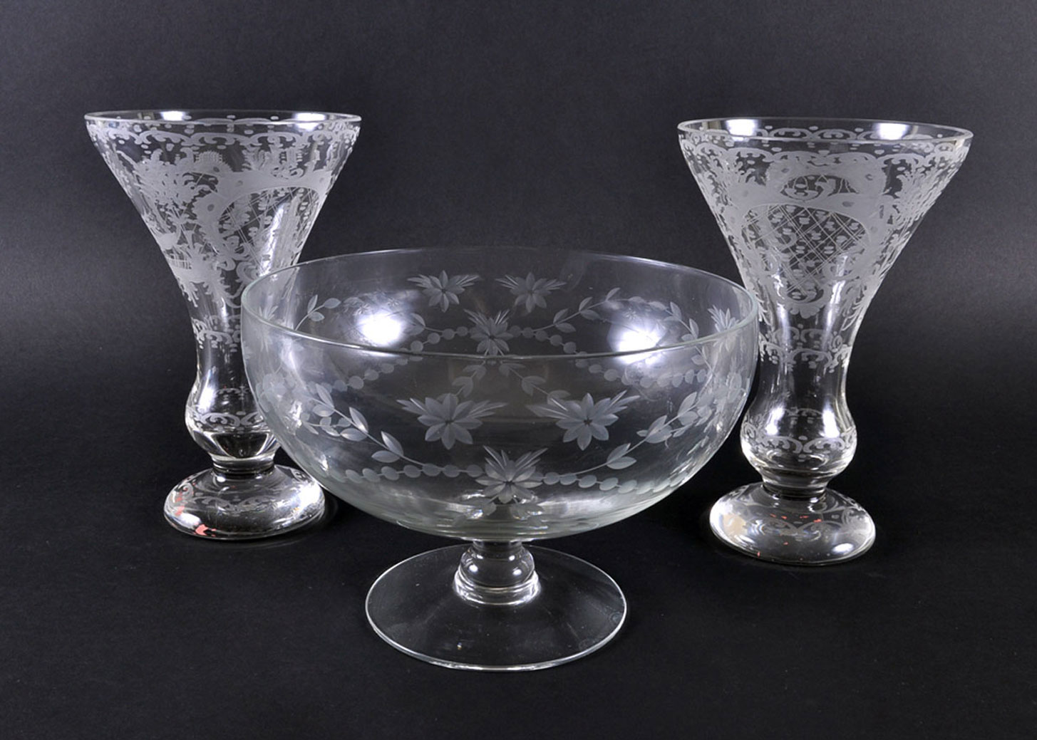 Vintage Etched Glass Compote and Vases EBTH