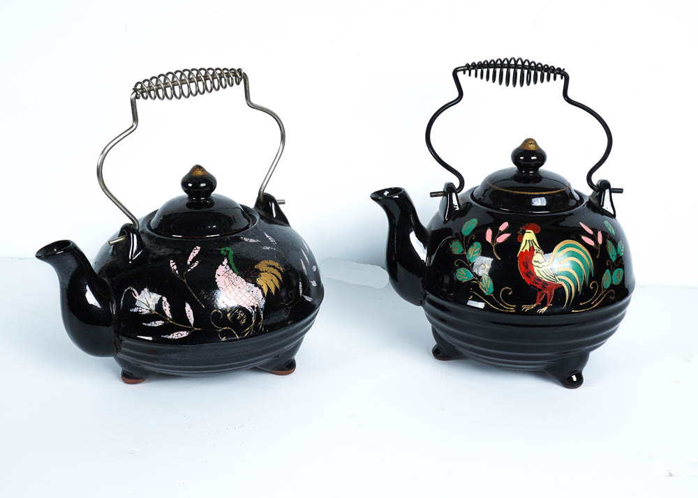 Black Metal Hand Painted Rooster Themed Teapots EBTH