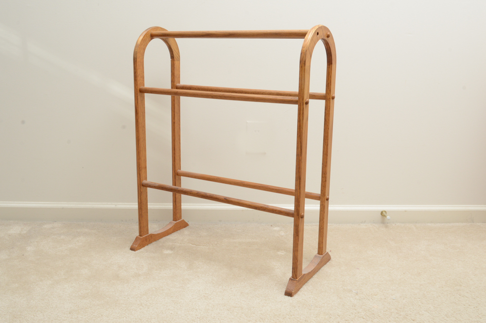 Two Quilt Display Racks and Assortment of Vintage Linens EBTH