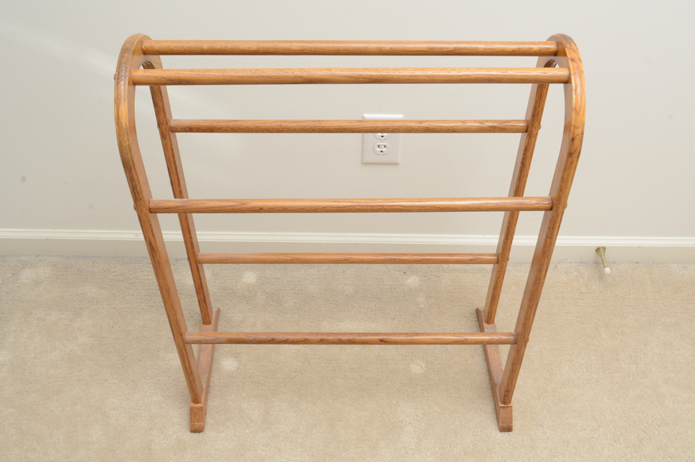 Two Quilt Display Racks and Assortment of Vintage Linens EBTH