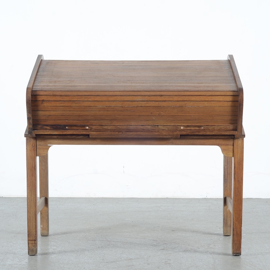 Vintage Oak Roll Top Drafting Desk Ebth