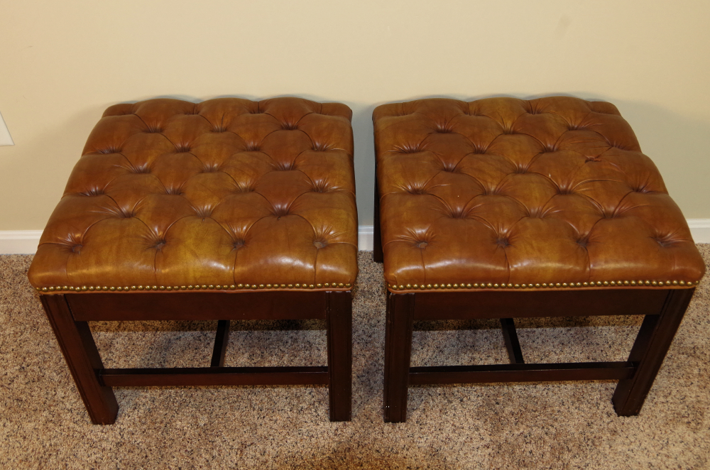 Pair of Wood Ottomans with Leather Upholstery EBTH