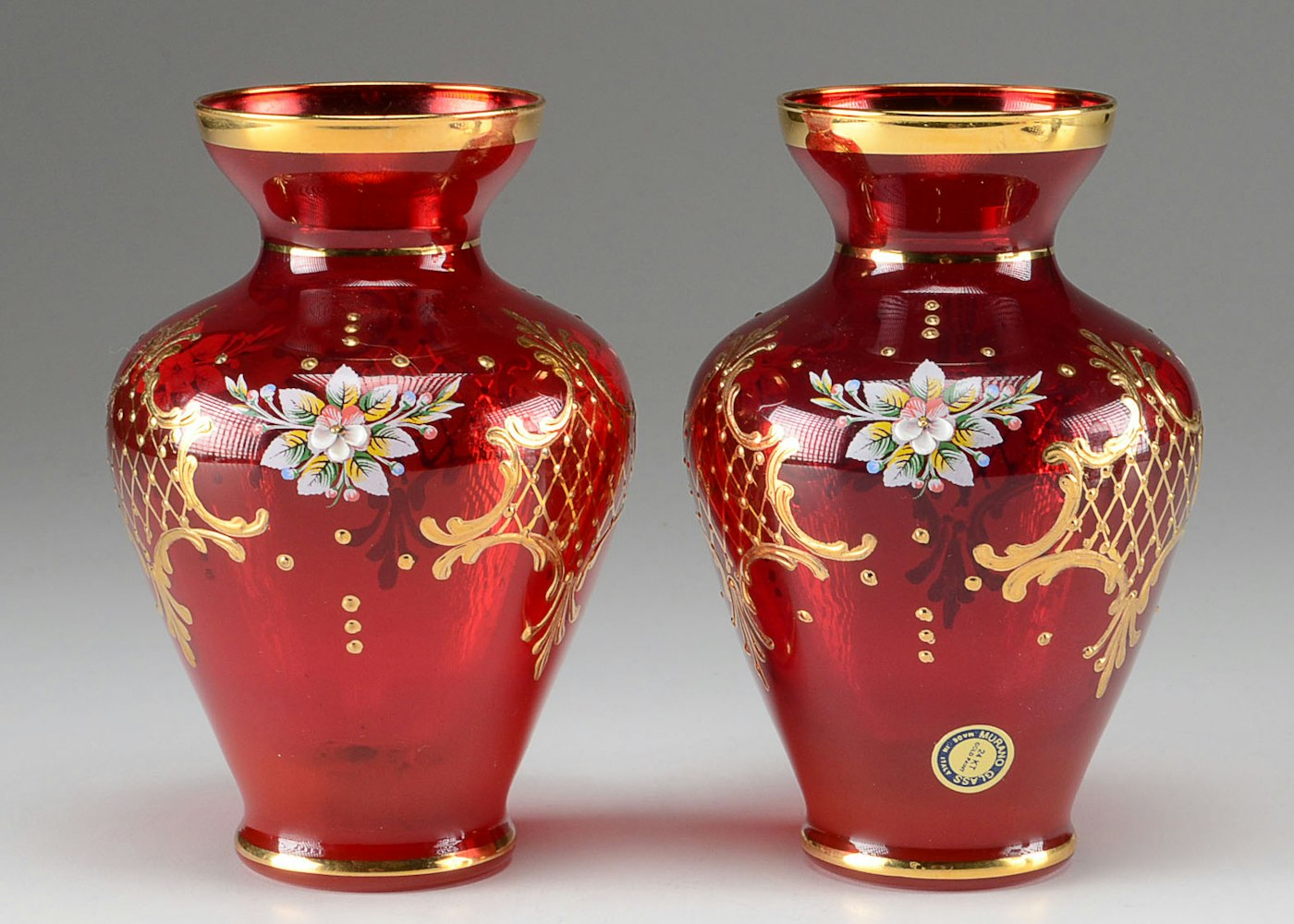 Pair of Ruby Red Venetian Glass Vases : EBTH Rectangular glass vases have the versatility and style that works great in any room.