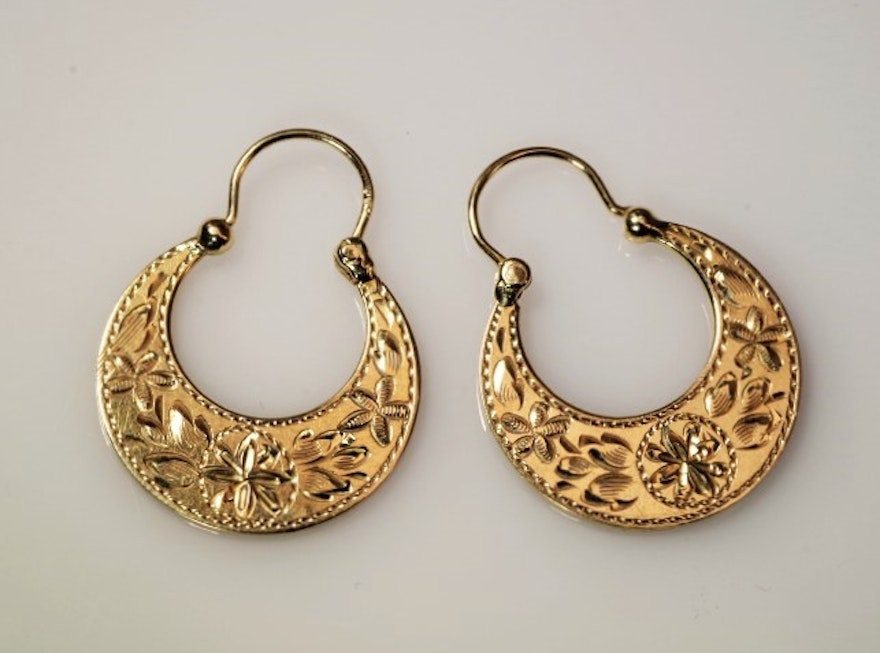 Hoop Earrings with Floral Engraving, 14K Yellow Gold