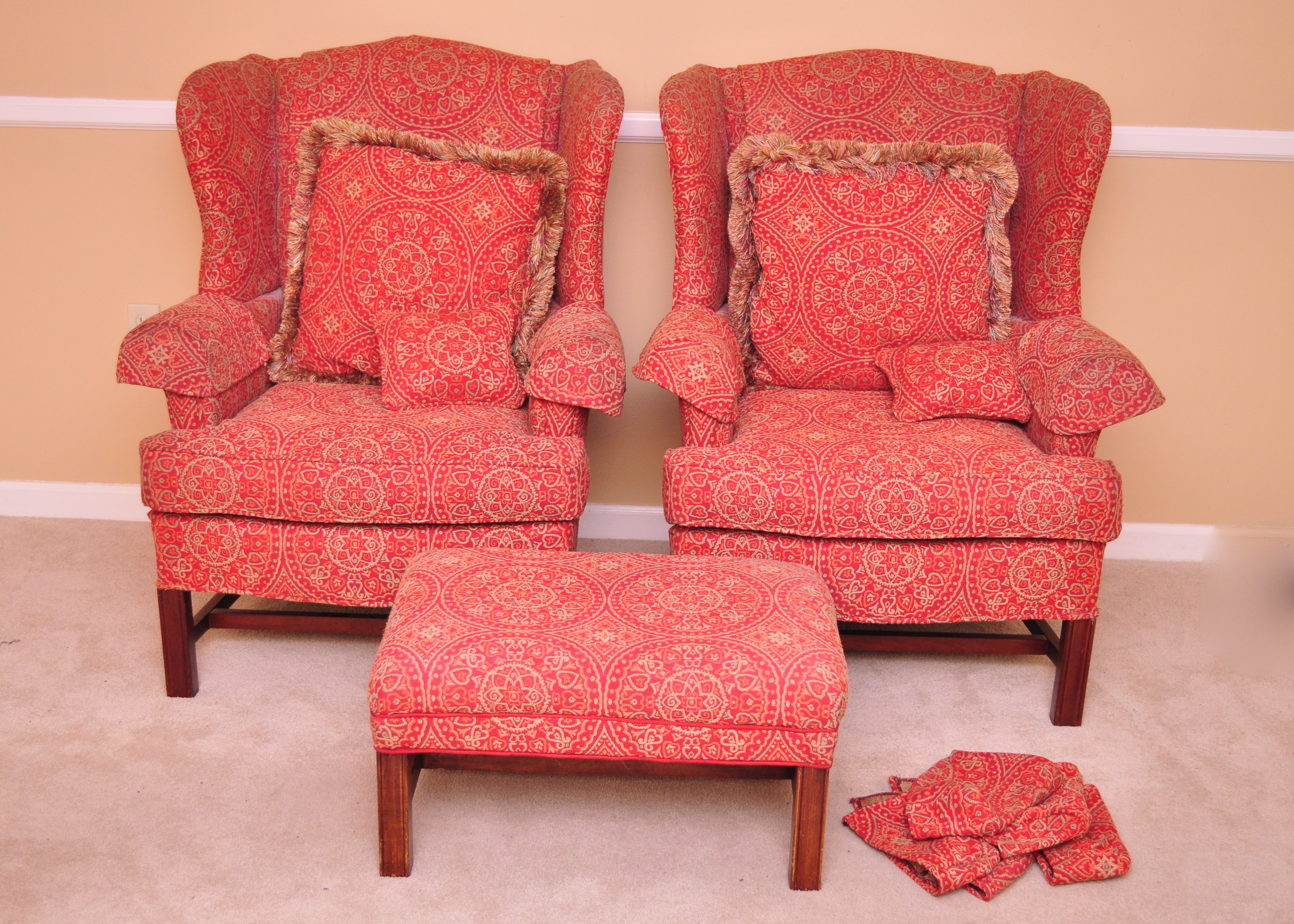 Pair of Upholstered Wingback Chairs and Matching Ottoman EBTH
