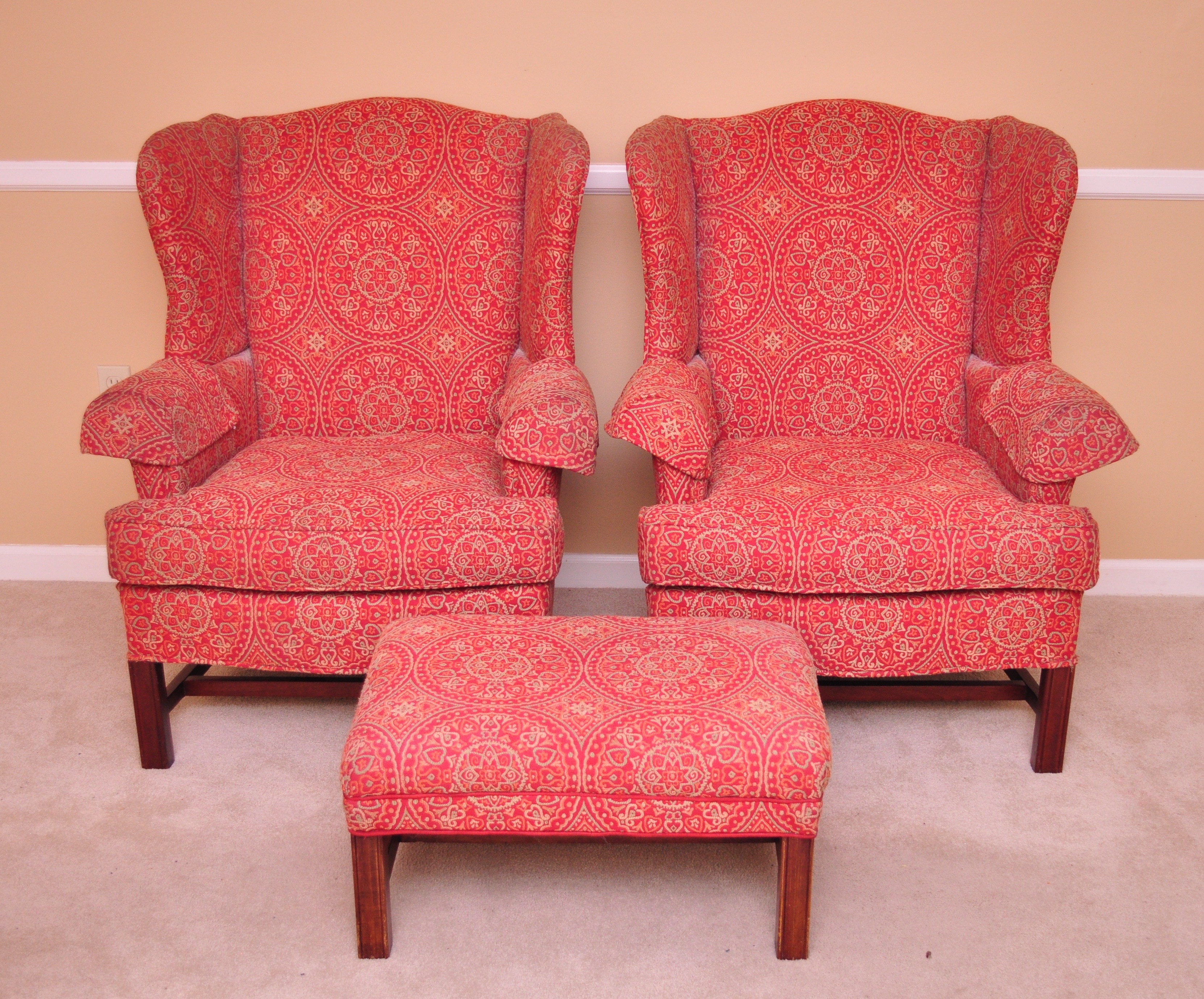 Pair of Upholstered Wingback Chairs and Matching Ottoman EBTH