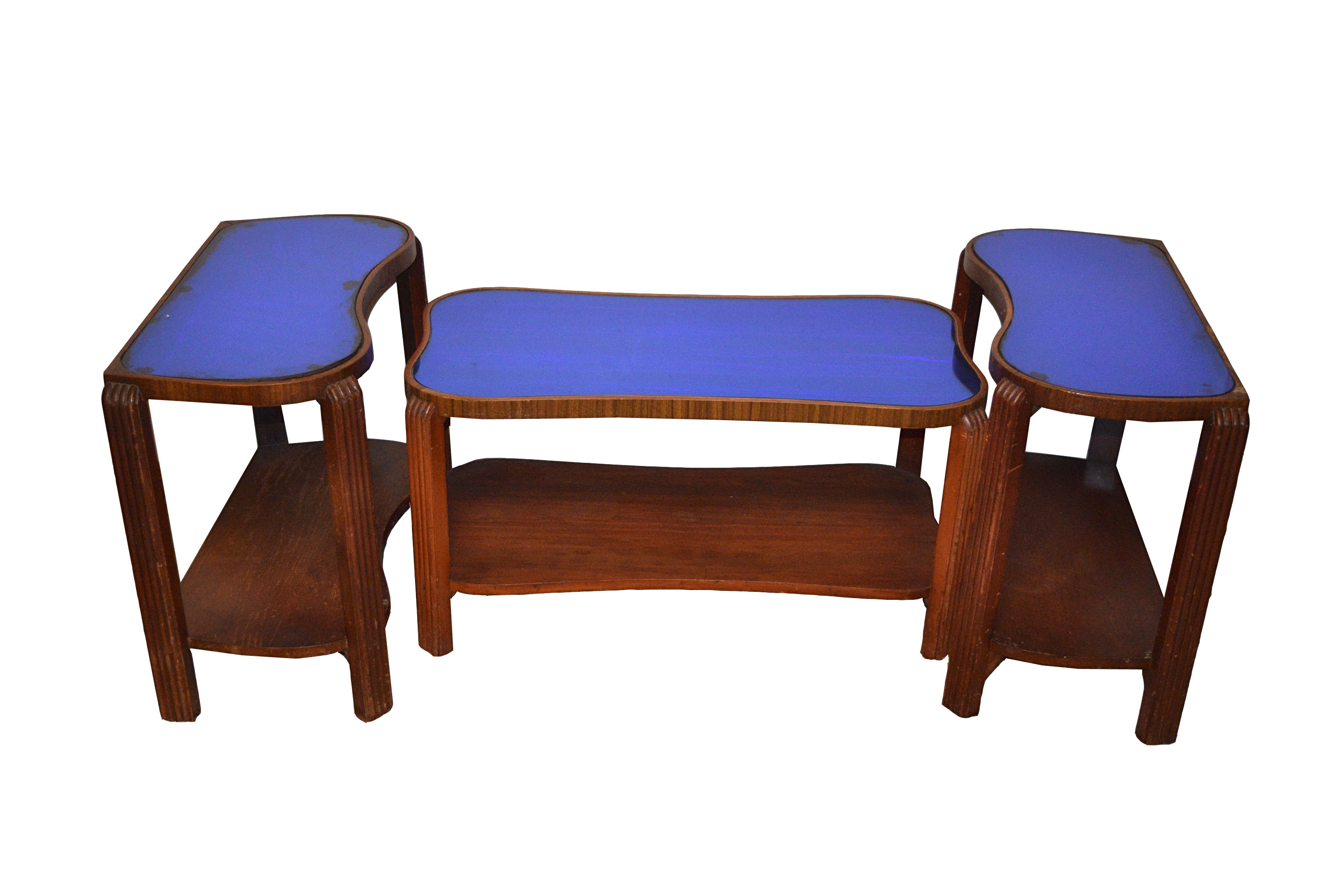Vintage Art Deco Blue Mirror Kidney Coffee and Side Tables EBTH