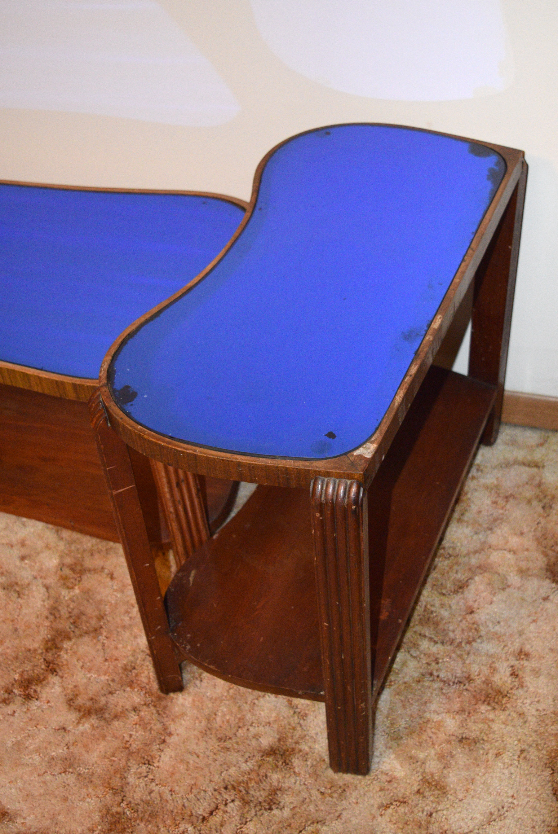 Vintage Art Deco Blue Mirror Kidney Coffee and Side Tables EBTH