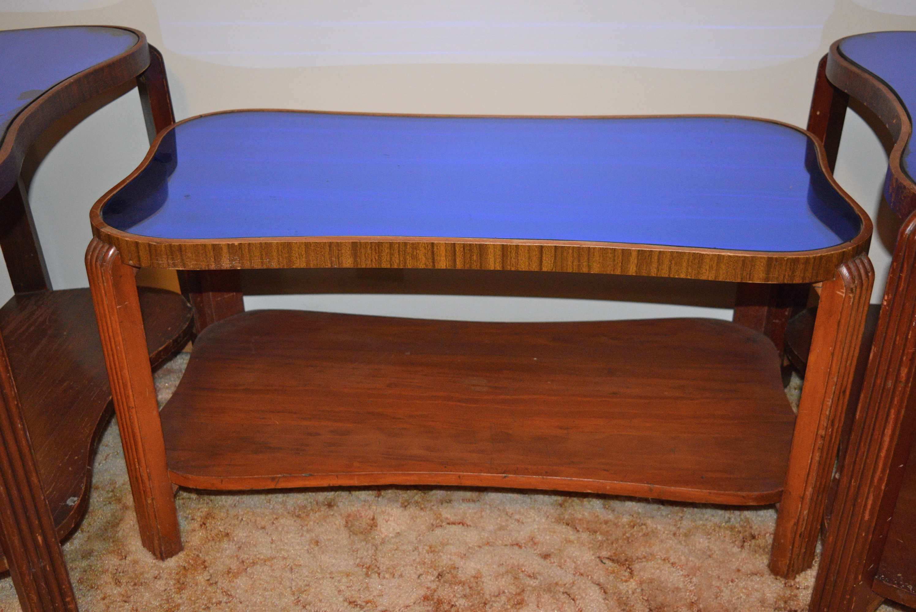 Vintage Art Deco Blue Mirror Kidney Coffee and Side Tables EBTH
