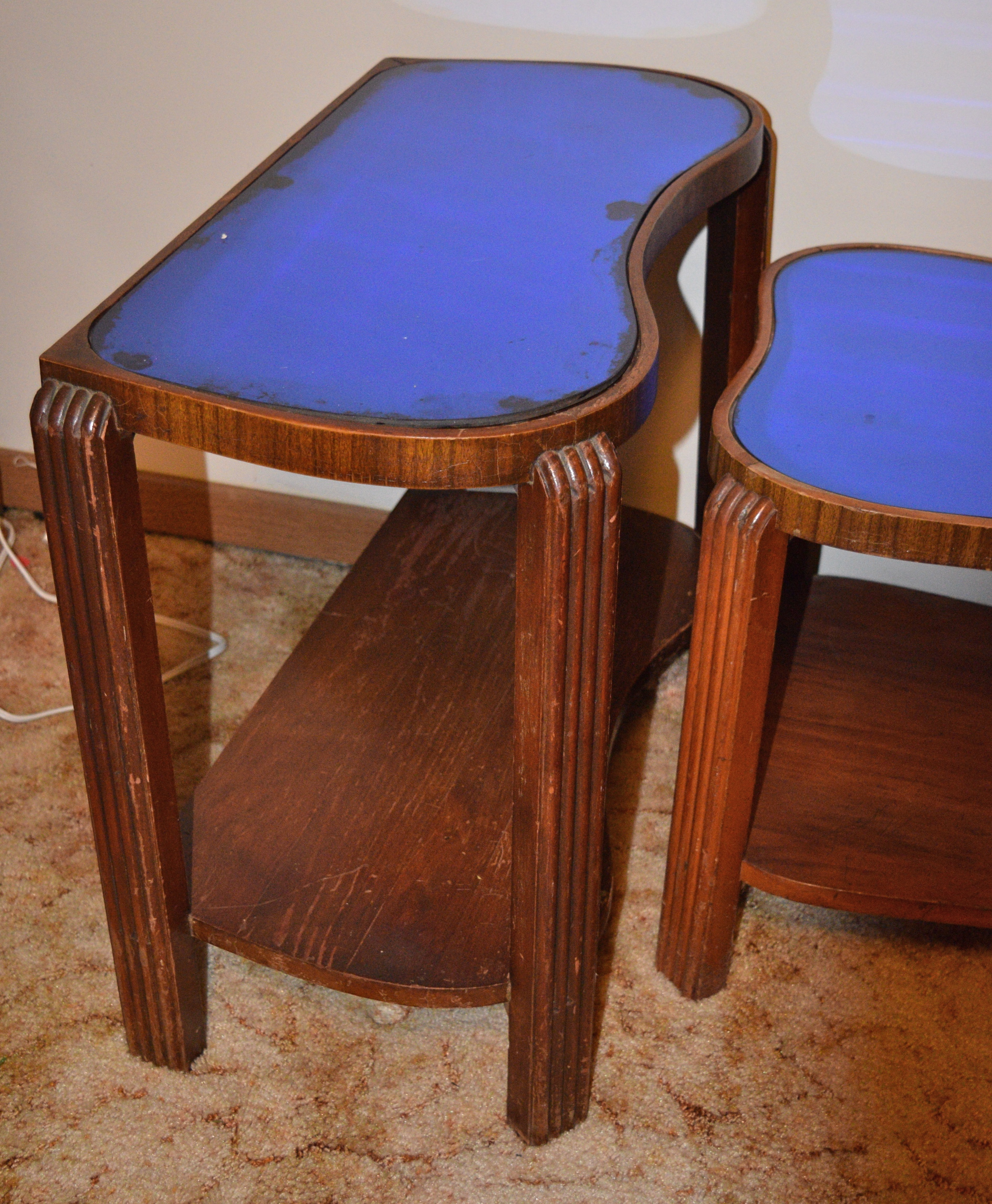 Vintage Art Deco Blue Mirror Kidney Coffee and Side Tables EBTH
