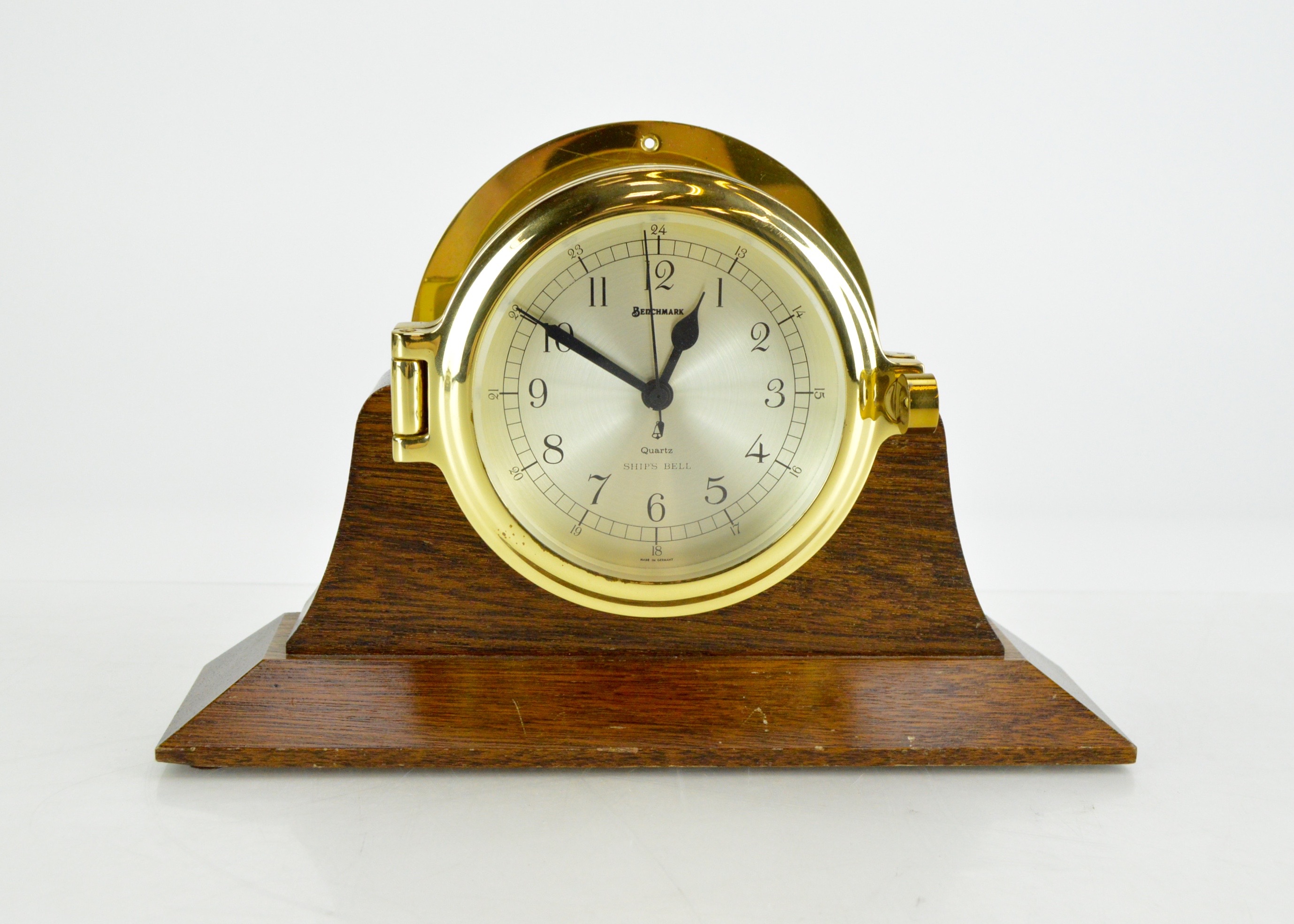 Benchmark Ships Bell Brass Clock Made in Germany with Wood Stand EBTH