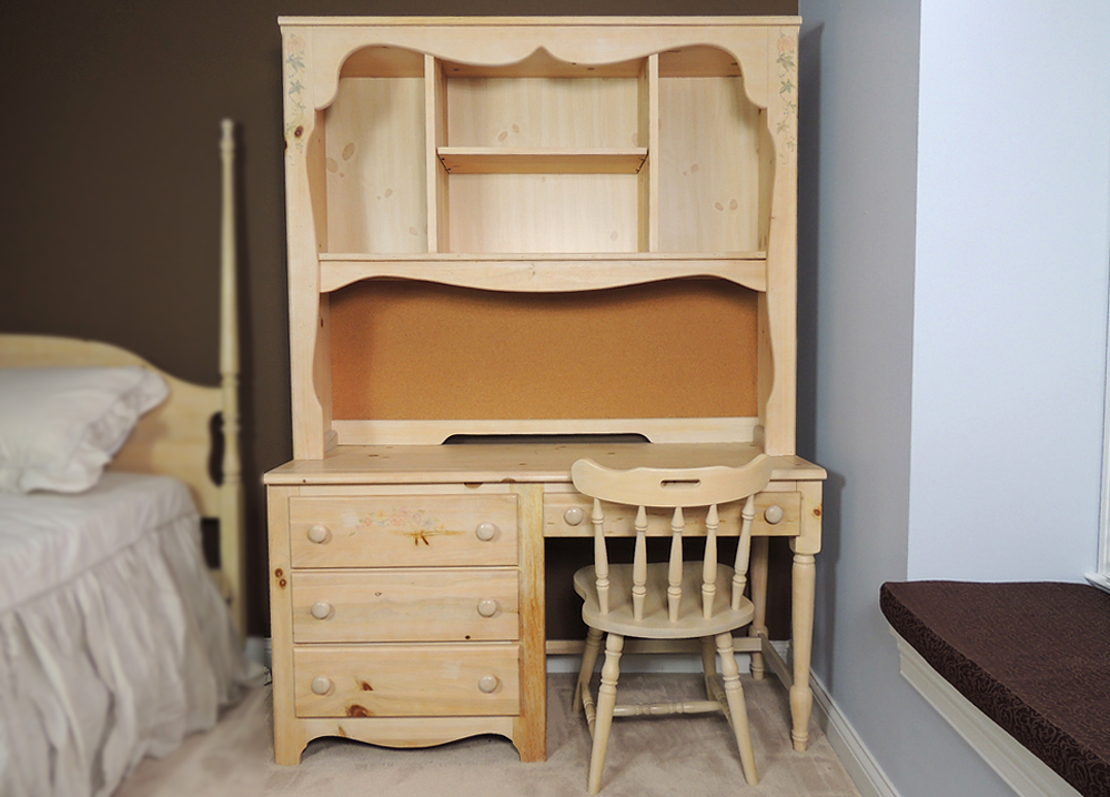 Vaughan Farmhouse Washed Pine Desk with Hutch and Chair EBTH