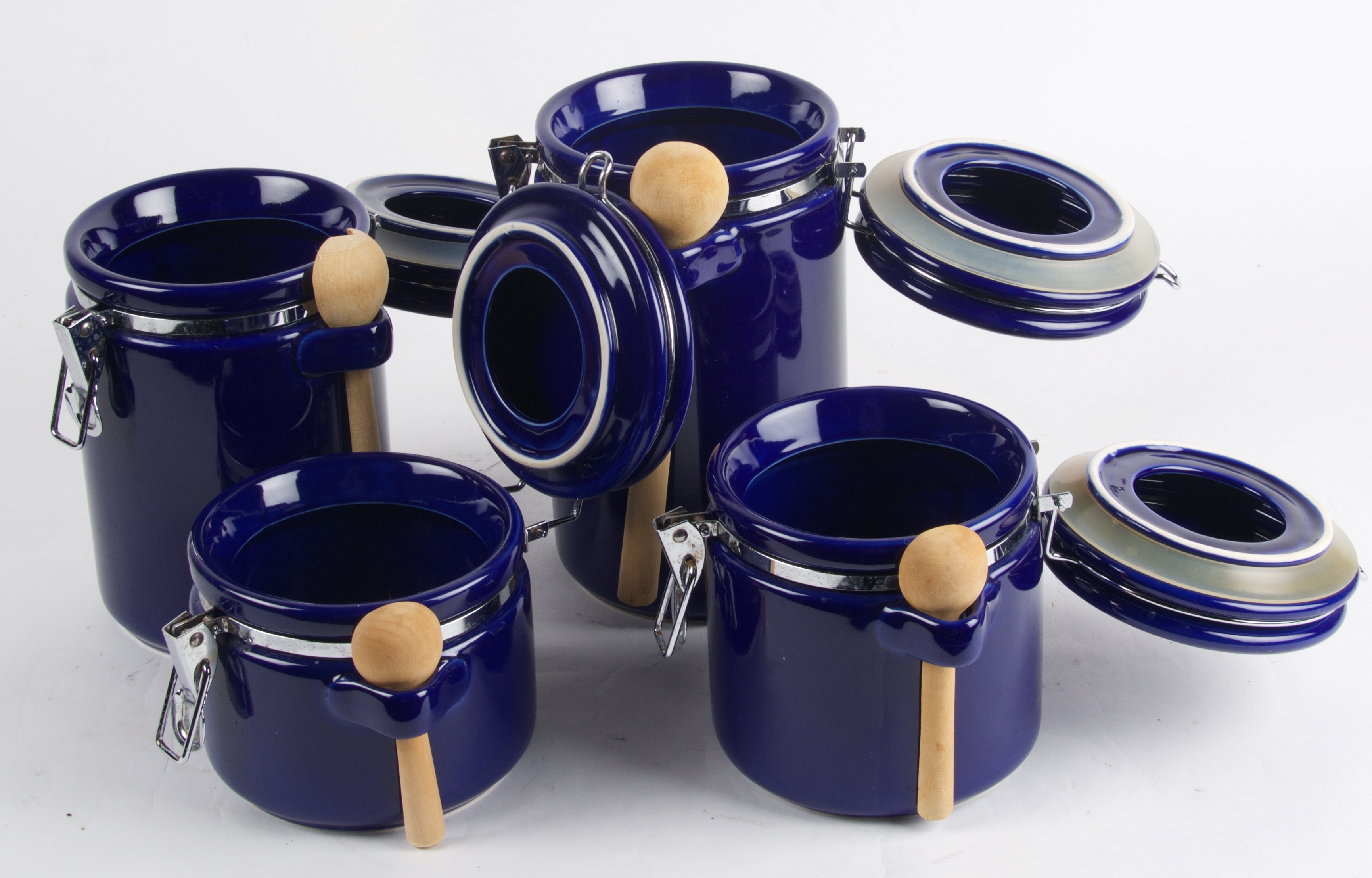 Cobalt Blue Ceramic Canister Set with Wooden Scoops EBTH