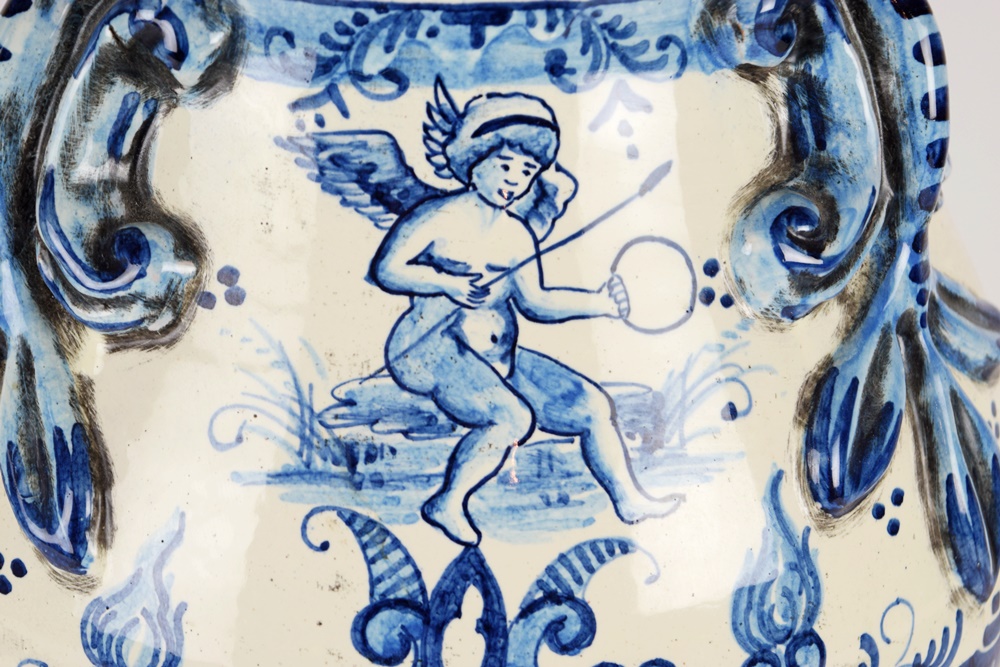 Colossal Italian Hand Painted Blue and White Canister with Lid | EBTH