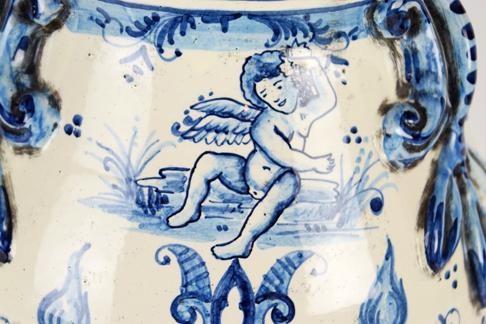 Colossal Italian Hand Painted Blue and White Canister with Lid | EBTH