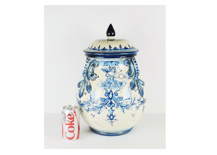 Colossal Italian Hand Painted Blue and White Canister with Lid | EBTH