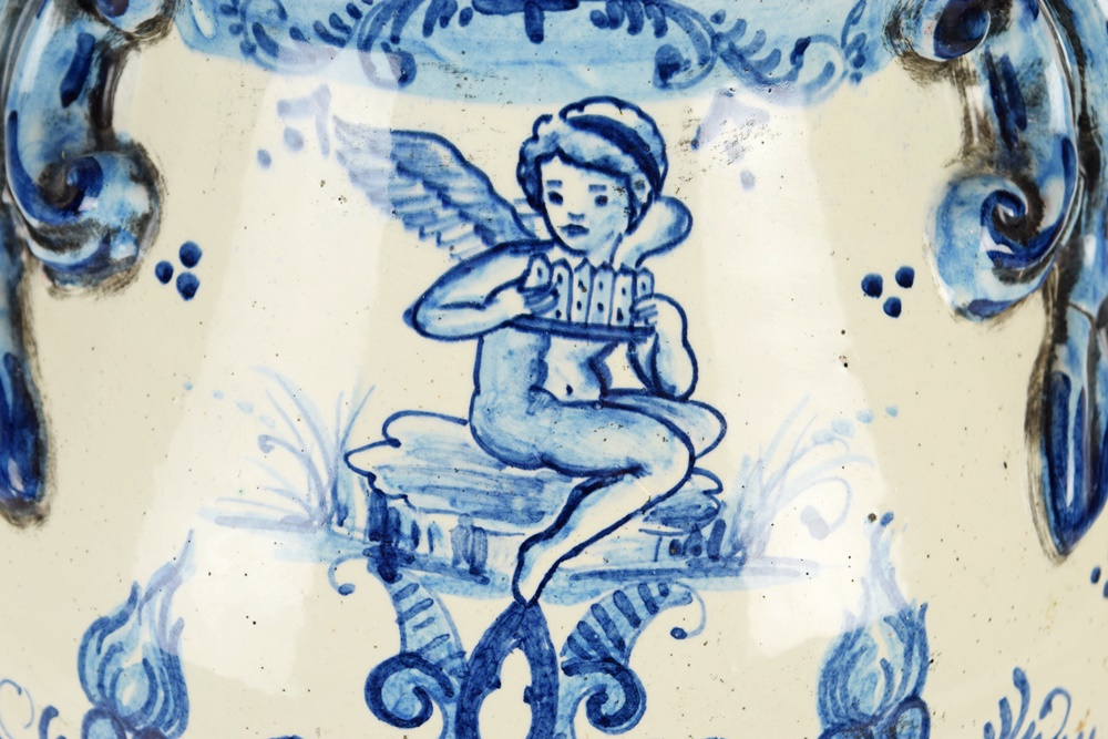Colossal Italian Hand Painted Blue and White Canister with Lid | EBTH