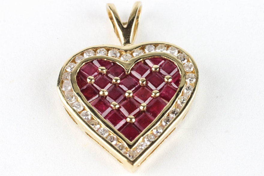 14k Yellow Gold Diamond And Ruby Heart Pendant Ebth 