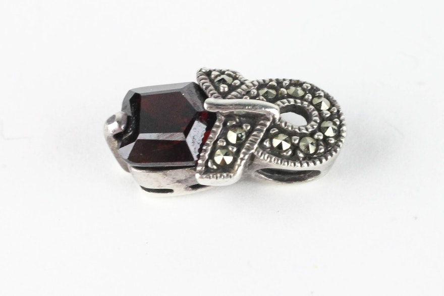 Sterling Silver Garnet and Marcasite Earrings and Pendant | EBTH