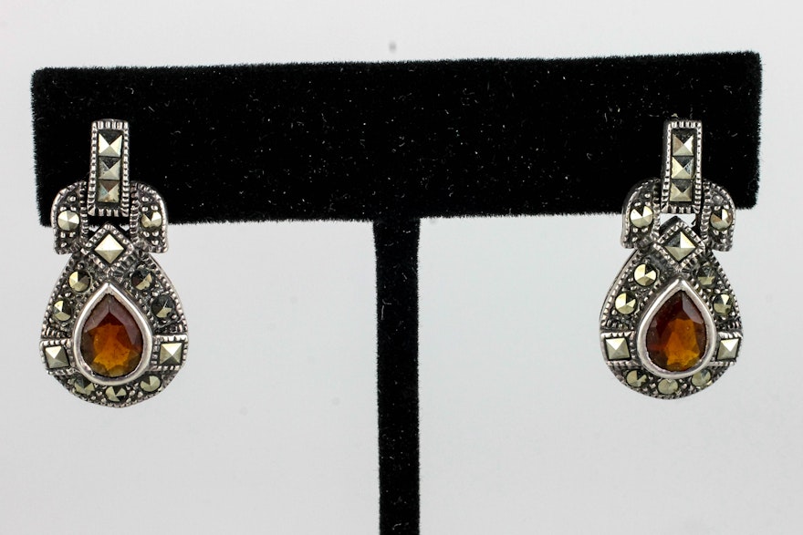 Sterling Silver Garnet and Marcasite Earrings and Pendant | EBTH