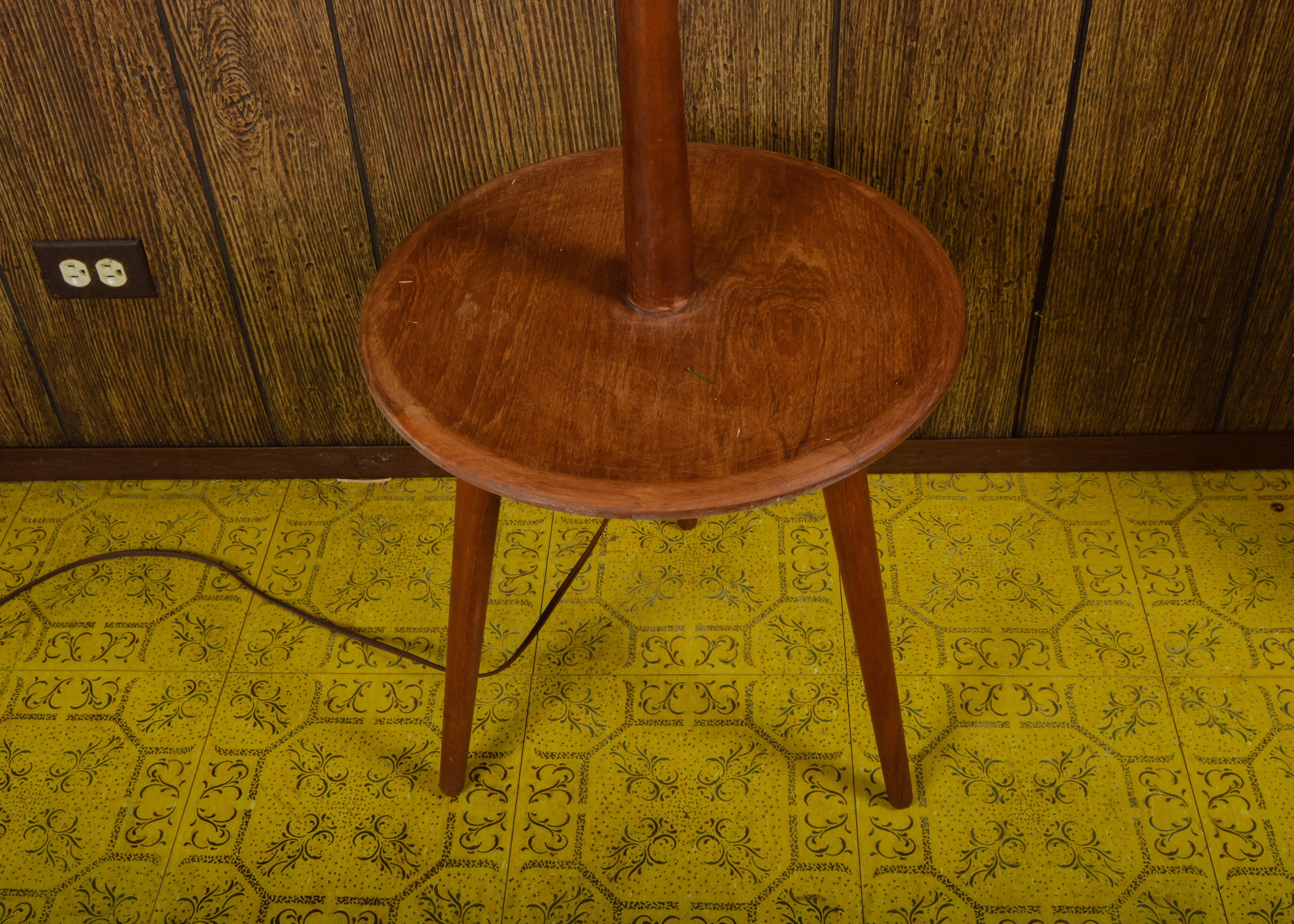 Vintage Wooden Floor Lamp with Table and Straw Shade | EBTH