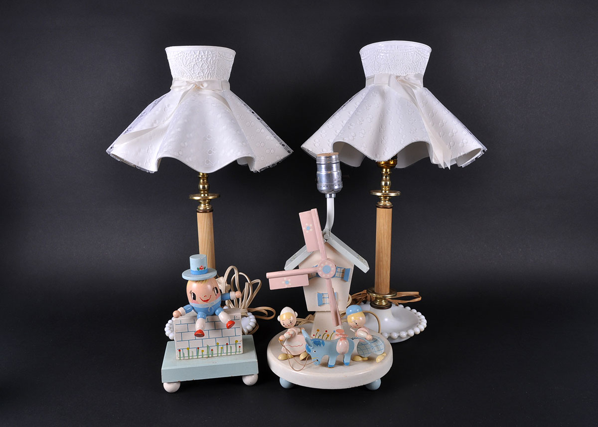 Vintage Irmi Nursery Lamps and Pair of Hobnail Milk Glass Boudoir Lamps