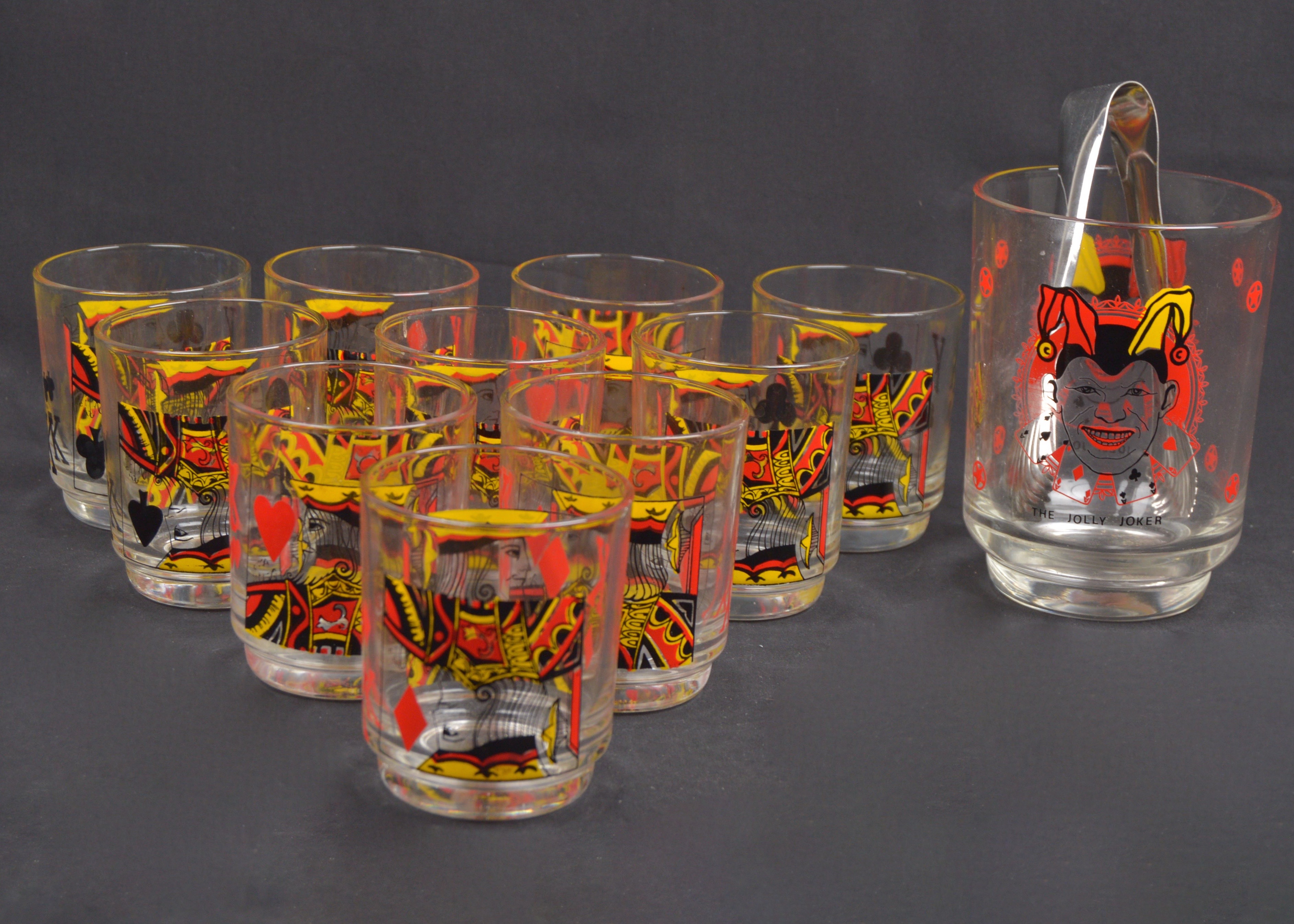 Vintage Playing Card High Ball Glasses with Jolly Joker Themed Ice