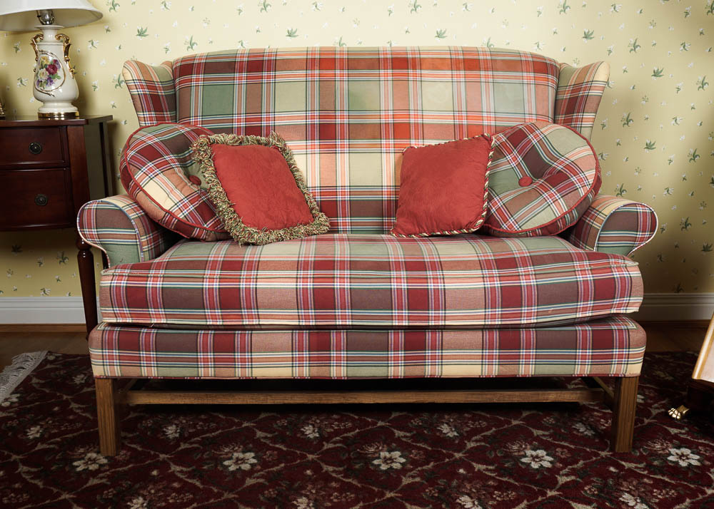 Chippendale Style Wingback Loveseat in Red and Blue Plaid Fabric EBTH
