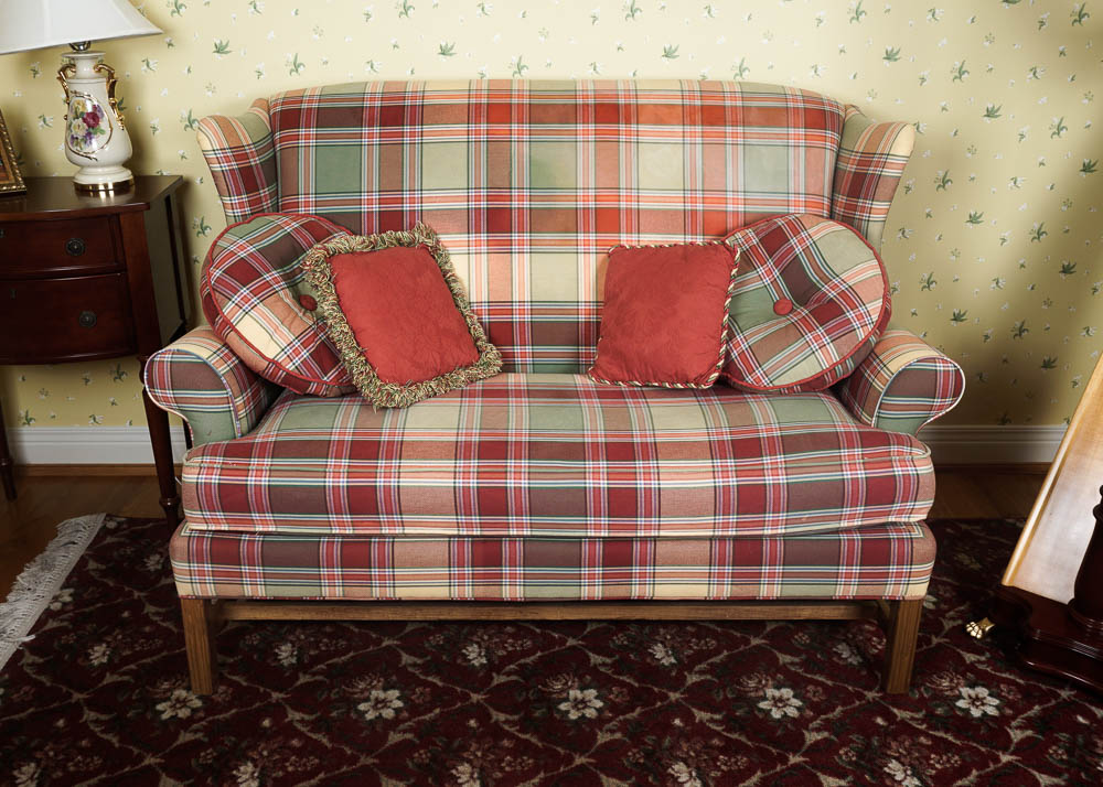Chippendale Style Wingback Loveseat in Red and Blue Plaid Fabric EBTH