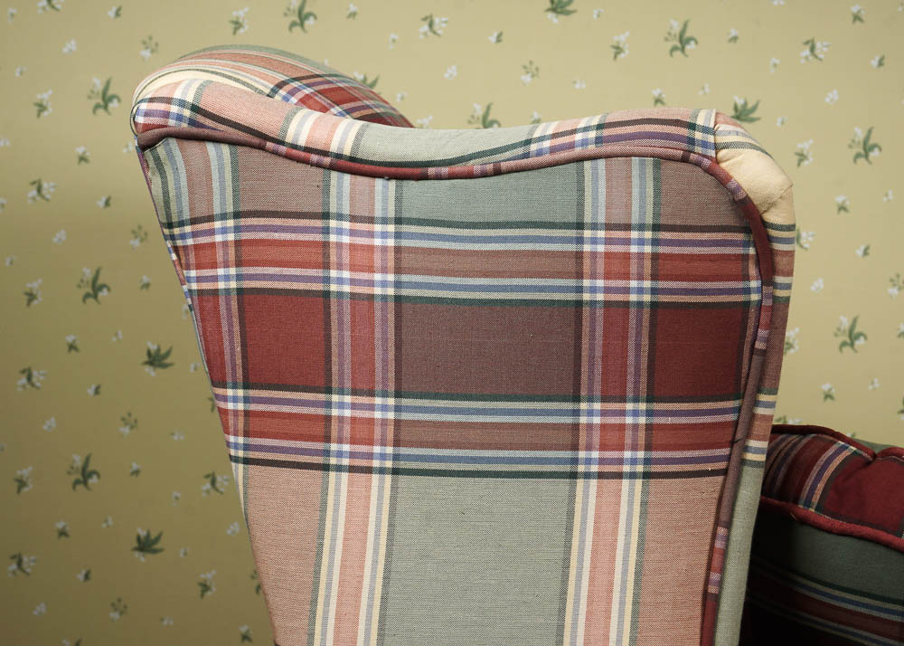 Chippendale Style Wingback Loveseat in Red and Blue Plaid Fabric EBTH