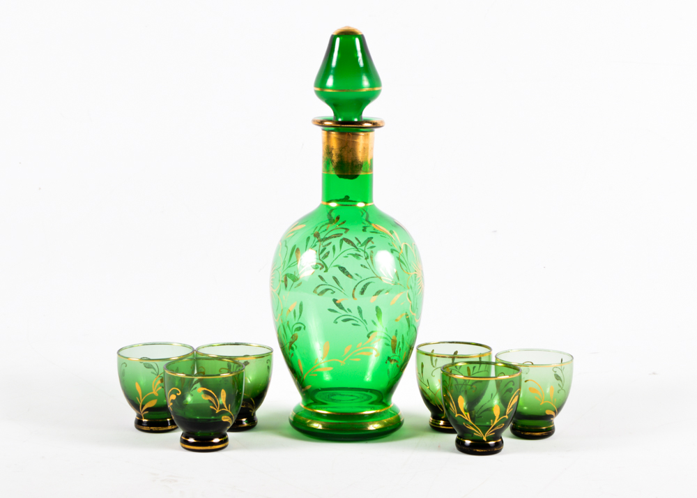 Vintage Gilded Green Glass Decanter and Cup Set EBTH