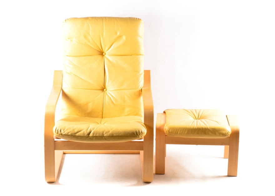Ikea Poang Yellow Leather Chair And Ottoman I Ebth